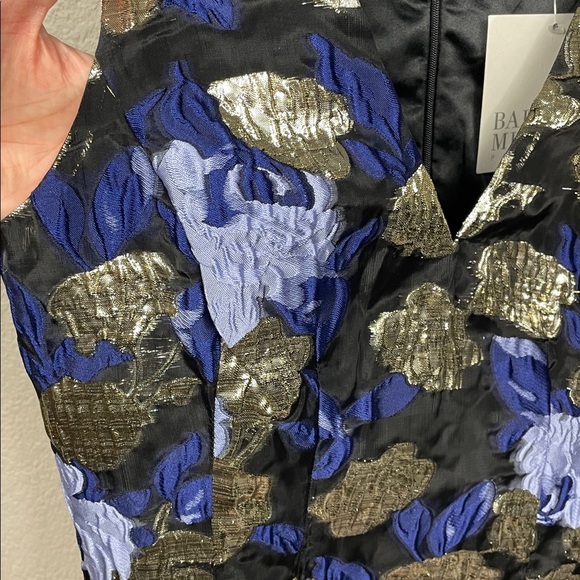 NWT Badgley Mischka Sleeveless A Line Floral Metallic Dress Blue Gold Sz 8 - Picture 3 of 11